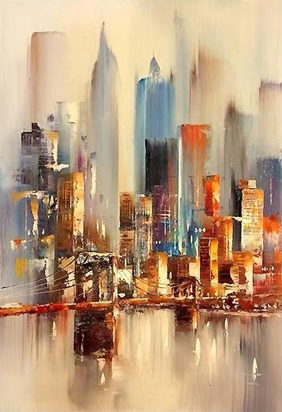 an abstract painting of a cityscape with buildings in the foreground and water below