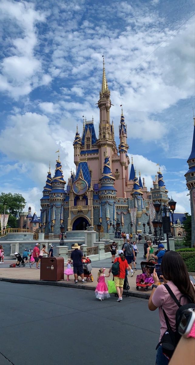 people are standing in front of the castle