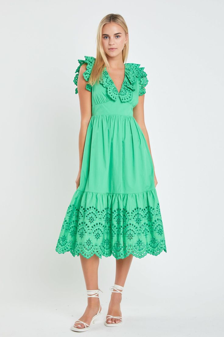 Green Ruffled Sundress Midi Dress, Spring Eyelet Midi Dress For Brunch, Spring Eyelet Midi Dress, Feminine Green Dresses For Spring, Feminine Green Spring Dresses, Elegant Kelly Green Dresses For Spring, Green Daywear Dresses With Ruffles, Green Ruffled Dress For Daywear, Chic Spring Midi Dress With Cutwork Hem