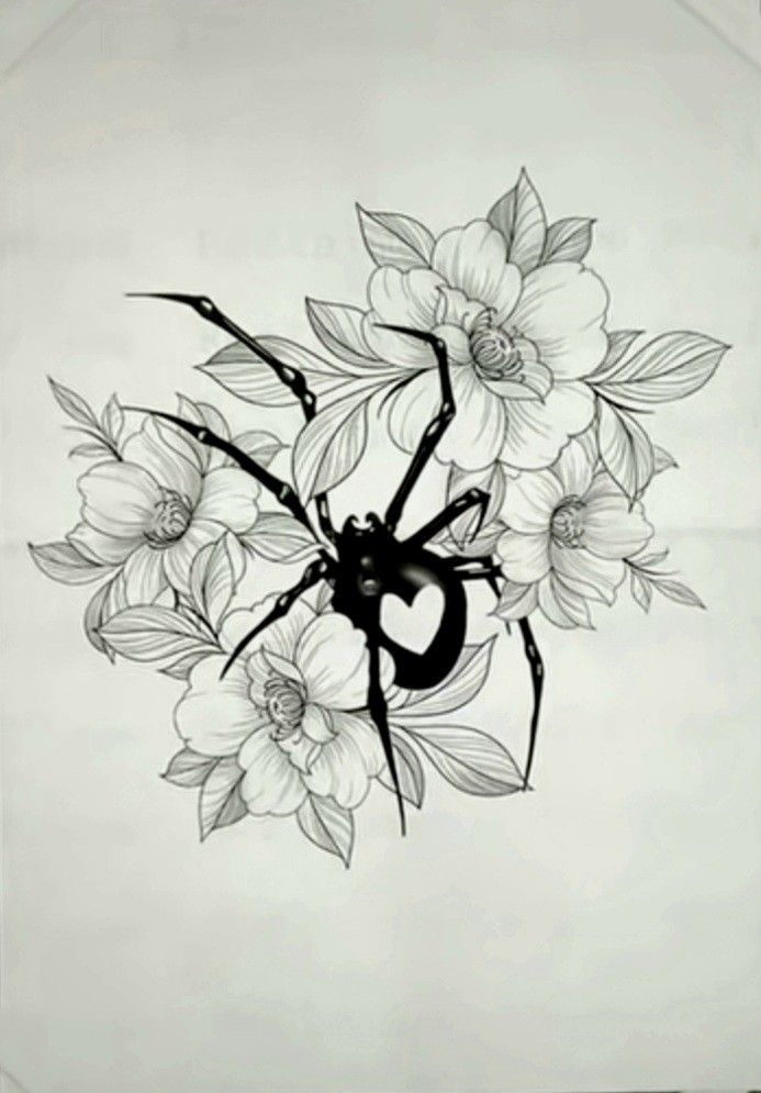 a black and white drawing of flowers with a heart on it's center piece