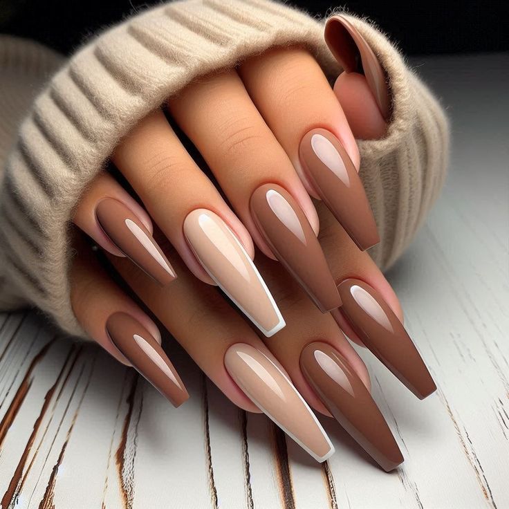 100 Stunning Brown Nail Ideas: Trendy Designs for Every Style - Style Zuri Brown White Ombre Nails, Brown Coffin Nail Designs, Fall Colors For Nails Autumn, Fall Acrylic Nail Designs 2024, Medium Coffin Shape Nails Designs, Fall French Tip Nail Designs, Ballerina Ombre Nails, Neutral Thanksgiving Nails, Classy Long Acrylic Nails