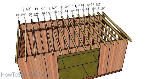 an image of a shed with measurements for the roof