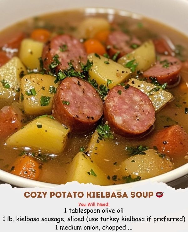 a bowl of soup with sausage, potatoes and carrots