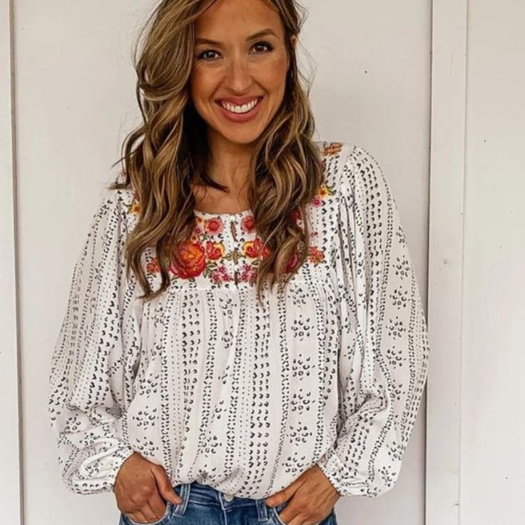 Take A Bold Risk With Our Beige Long Sleeve Embroidered Print Blouse. This Light And Pretty Blouse Boasts A Round Neck, Billow Sleeves, And Stunning Embroidery Details. Made Of 100% Polyester, This Blouse Is Perfect For Adding A Touch Of Adventure To Your Wardrobe. **New** White Long Sleeve Blouse With Embroidered Sleeves, Embroidered Long Sleeve Blouse For Brunch, Long Sleeve Embroidered Blouse For Brunch, White Casual Embroidered Top With Floral Print, Casual White Embroidered Top With Floral Print, Floral Embroidered Long Sleeve Top For Vacation, Long Sleeve Floral Embroidered Top For Vacation, White Embroidered Neckline Top For Spring, White Long Sleeve Embroidered Top For Brunch