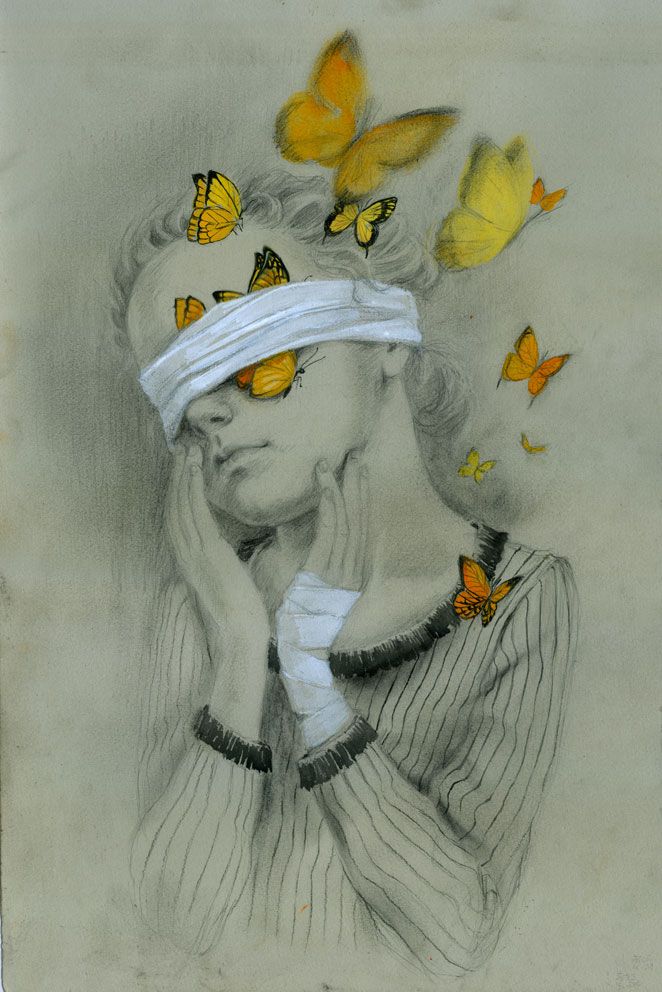 a drawing of a woman with yellow butterflies on her head, covering her eyes and holding her hand to her face