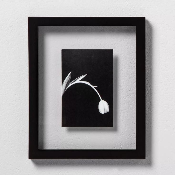 a black frame with a white flower in it