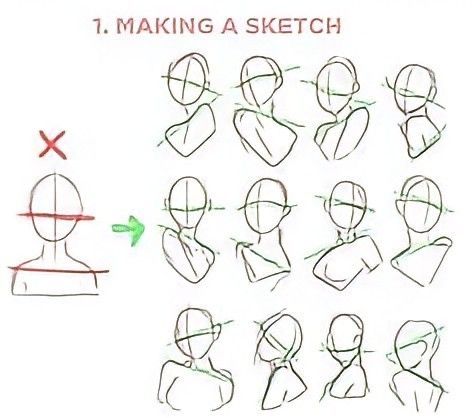 how to draw the head and shoulders in one point, step by step drawing instructions for beginners