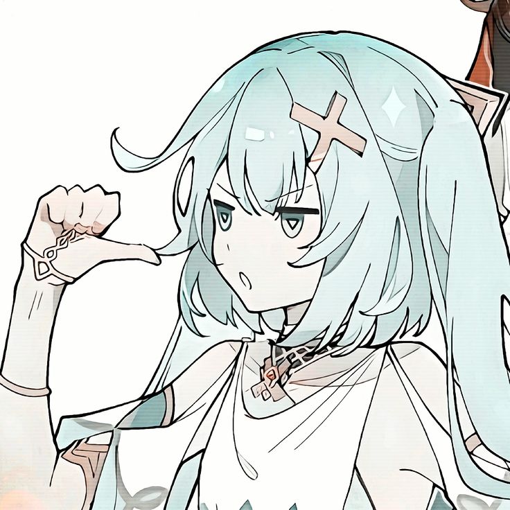 an anime character with blue hair and cross on her head, holding a knife in one hand