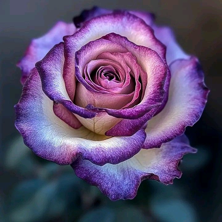 a purple and white rose with green leaves