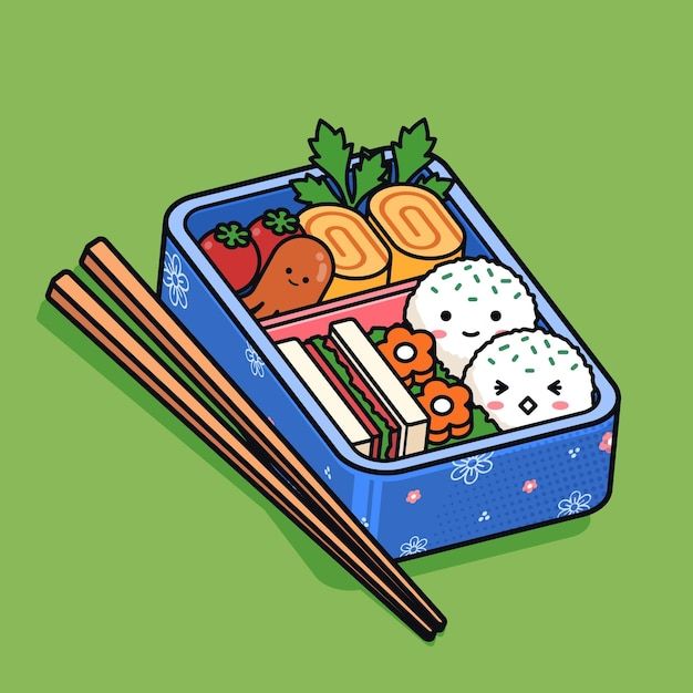 a bento box filled with sushi and chopsticks on a green background