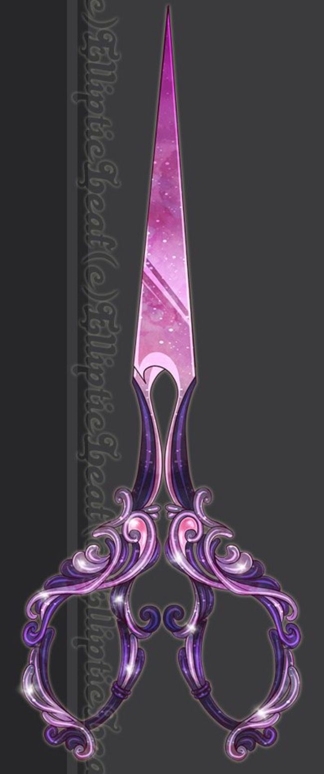 a pair of scissors with purple swirls on it's sides and the handles