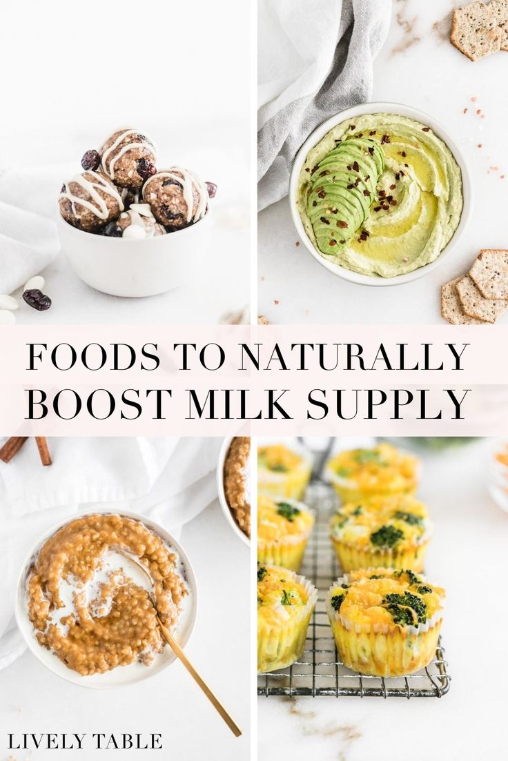 four different pictures with the words, foods to naturally booster milk supply