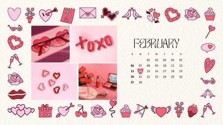 a desktop calendar with pink hearts and other things on it's side, including the word xoxo