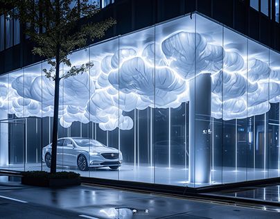 a car is parked in front of a building with clouds projected on the glass walls