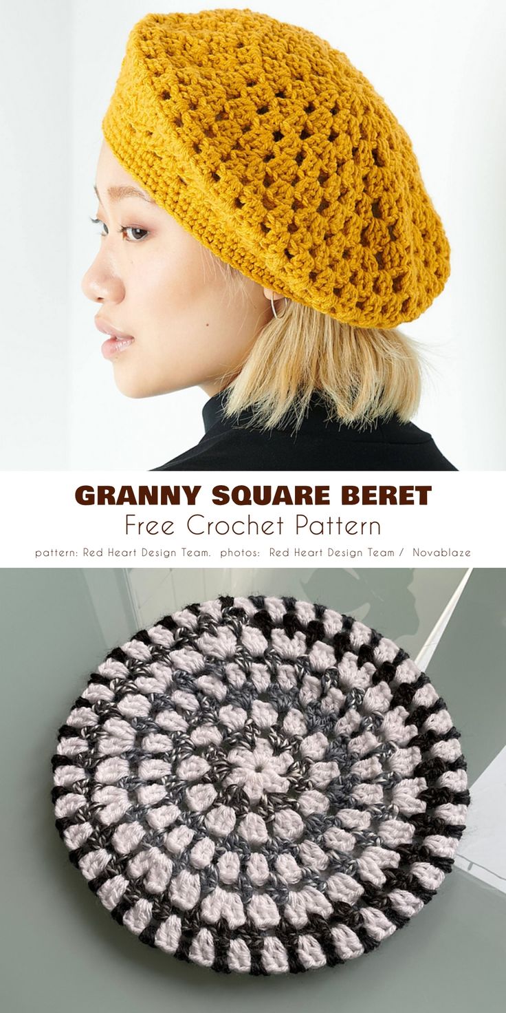 the crochet hat is made with granny square beret, and has a circular pattern