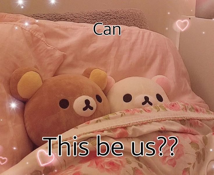 two teddy bears laying in bed with the caption can this be us?