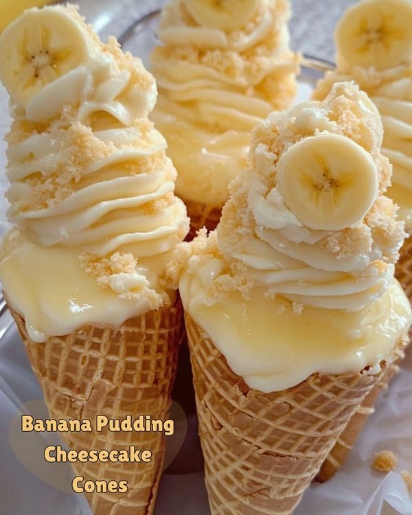 banana pudding cheesecake cones are sitting on a plate with the words, banana pudding cheesecake cones