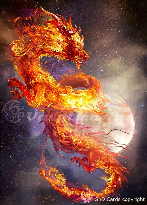 a fire dragon flying through the air with its wings spread out, in front of a full moon