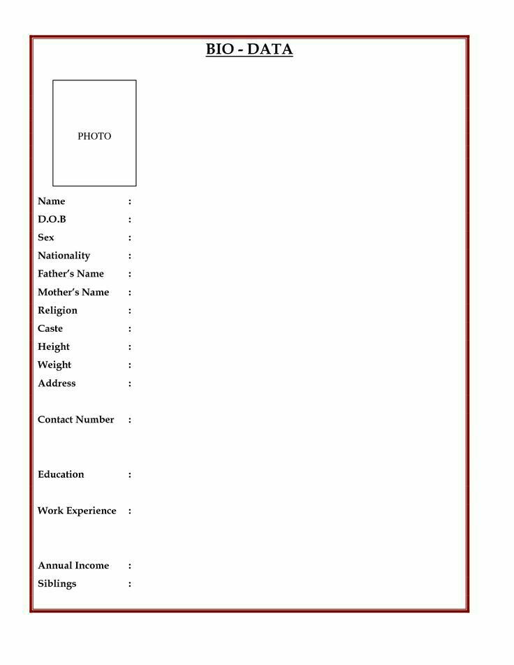 a sheet of paper with the words bio - data written in red and white on it