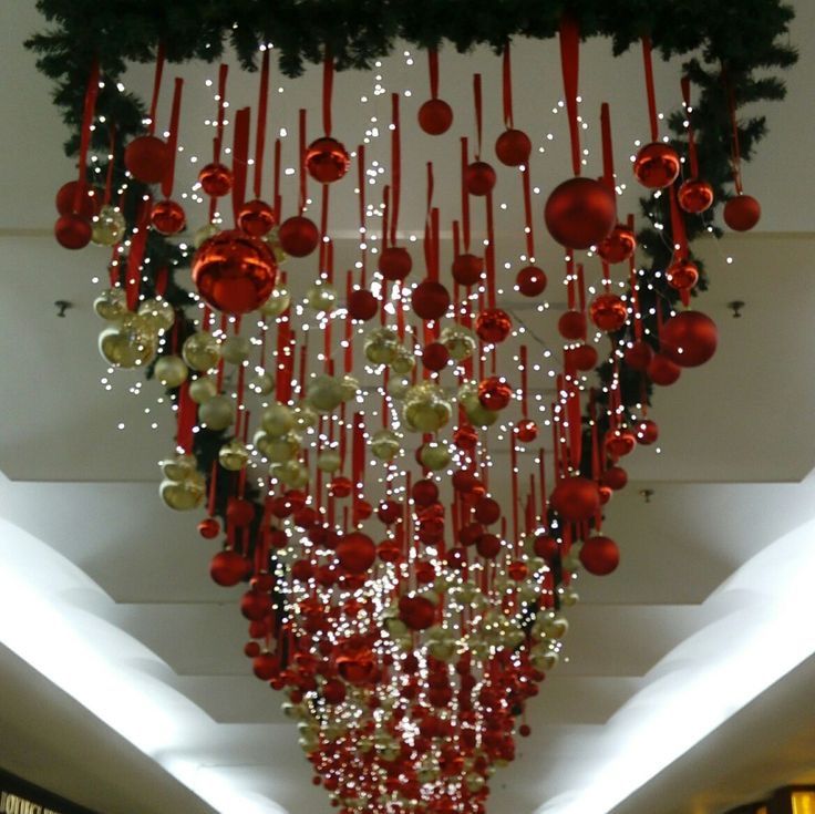 the ceiling is decorated with red and white ornaments