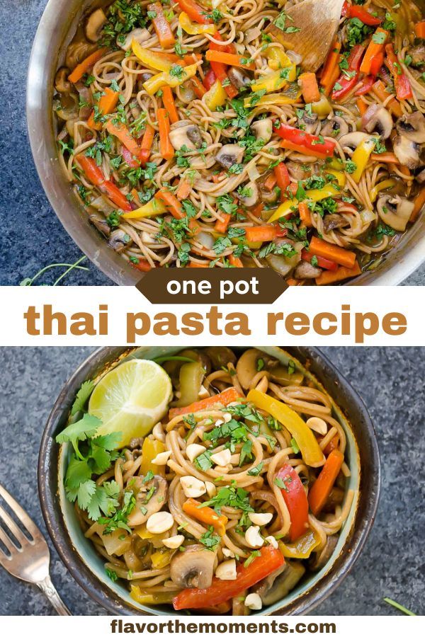 one pot thai pasta recipe with vegetables in it and another photo of the same dish