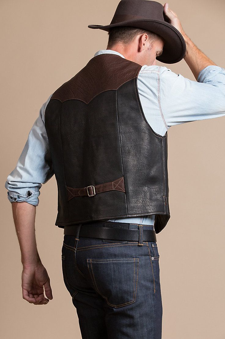 Image Men’s Leather Vest, Patagonia Vest Outfit, Cowboy Character, Men's Leather Style, Outfit Cowboy, Leather Vests, Mens Western Wear, The Garrison, Leather Waistcoat