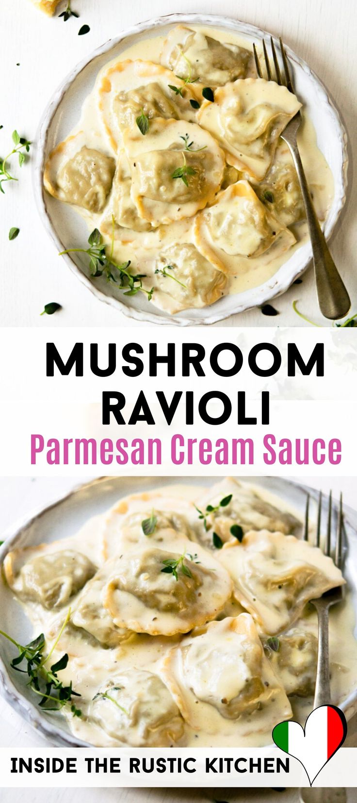 mushroom ravioli with parmesan cream sauce in a white bowl