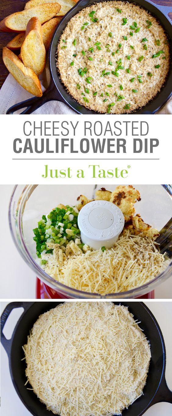 cheesy roasted cauliflower dip in a cast iron skillet