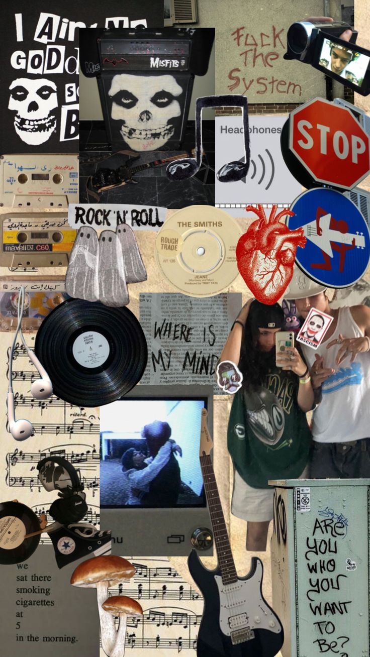 a collage of music related items including an electric guitar, record player and skull