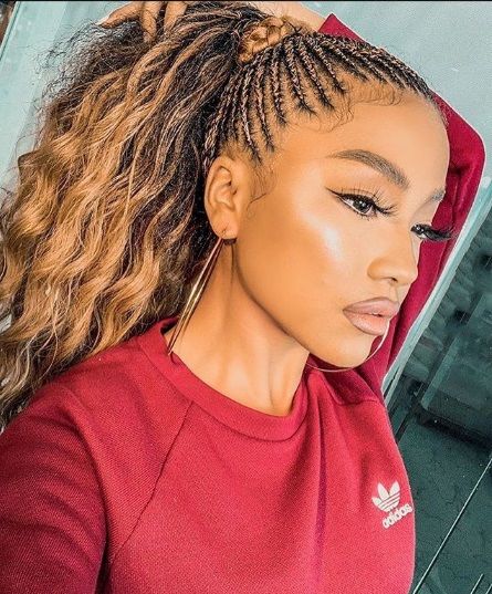 quick-braid-hairstyles-with-weave in the back date night cute Braids Updo Hairstyles For Black Women, Cornrow Braid Ponytail, Medium Feed In Braids, Quick Feed In Braid Styles, Feeding Braids, Quick Braid Styles, Cornrow Updo Hairstyles, Tree Braids Hairstyles, Bday Hair