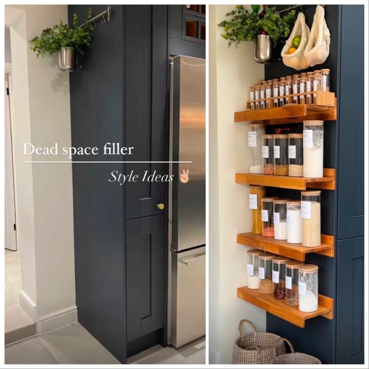 two pictures side by side, one with shelves and the other with spices