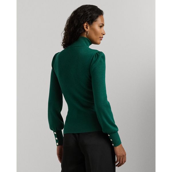 Crest-embossed buttons and puffed long sleeves enhance the elegance of this ribbed mockneck sweater which is rendered in a cotton blend for a soft hand. Elegant Long Sleeve Turtleneck With Ribbed Cuffs, Elegant Turtleneck Cardigan For Winter, Elegant Turtleneck Winter Cardigan, Elegant Fall Turtleneck Cardigan, Elegant Long Sleeve Mock Neck Top For Fall, Elegant Fitted Cardigan With Puff Sleeves, Elegant Long Sleeve Mock Neck Top For Work, Fitted Polo Sweater With Buttons For Fall, Elegant Winter Polo Sweater With Button Cuffs