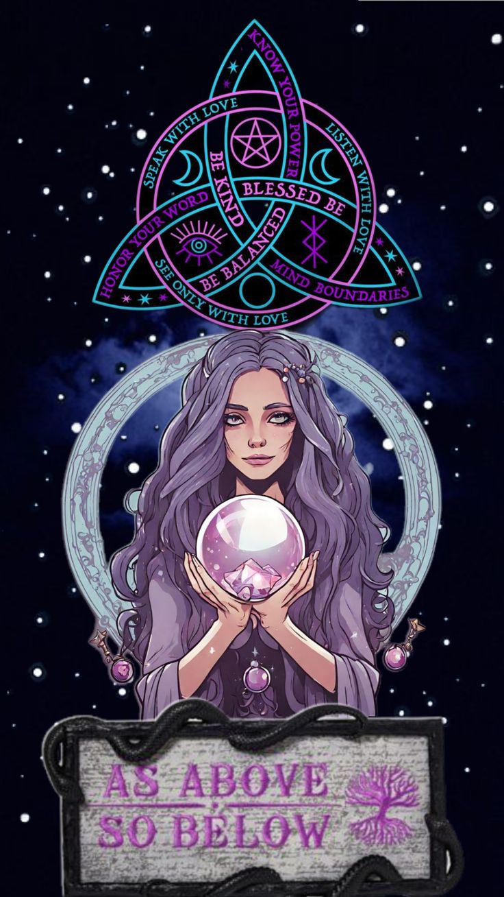 a woman with long hair holding a crystal ball in her hands and surrounded by stars