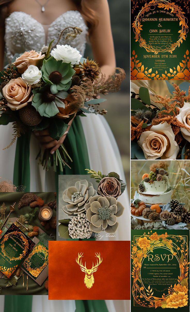 a collage of photos with flowers, leaves and deer head on them is shown