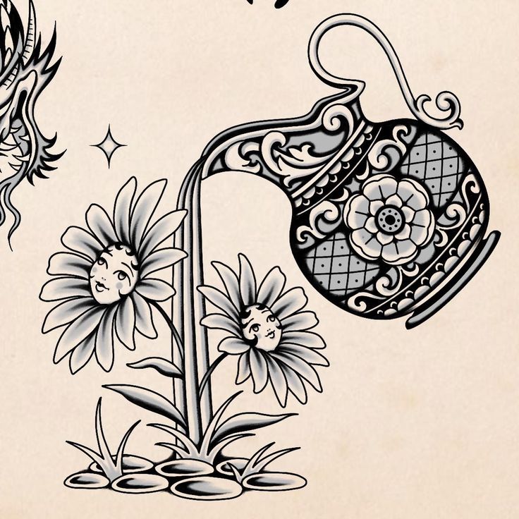 an old - fashioned tea kettle with flowers in it and two birds on the side