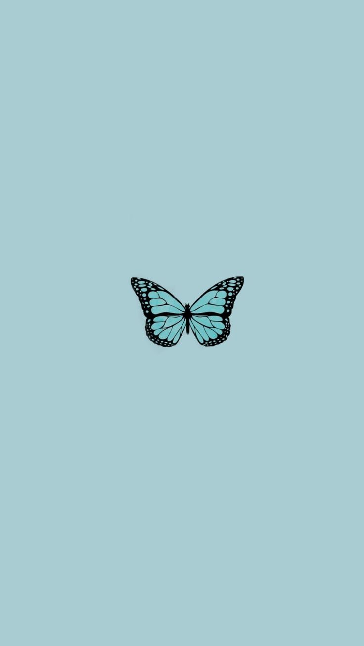 a blue butterfly flying through the air on top of a light blue background with no clouds