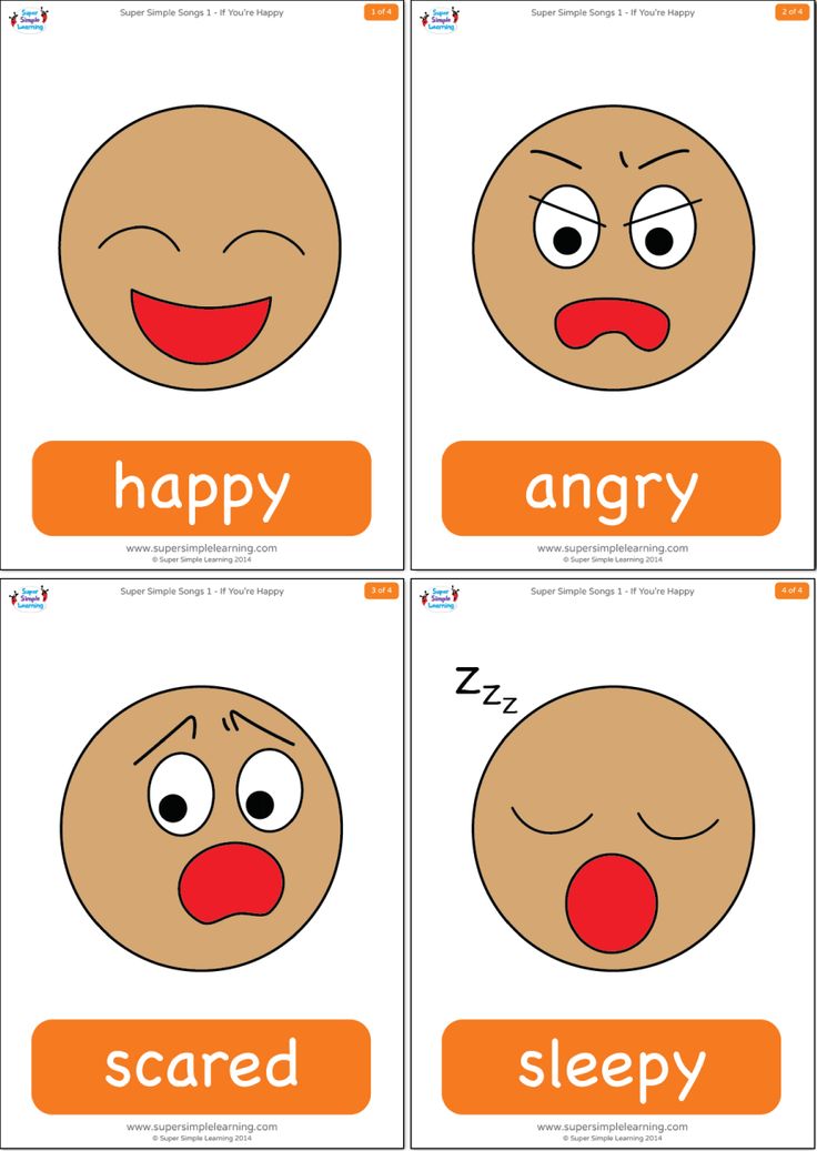 four different emotication cards with the words happy, angry, scared and sleepy