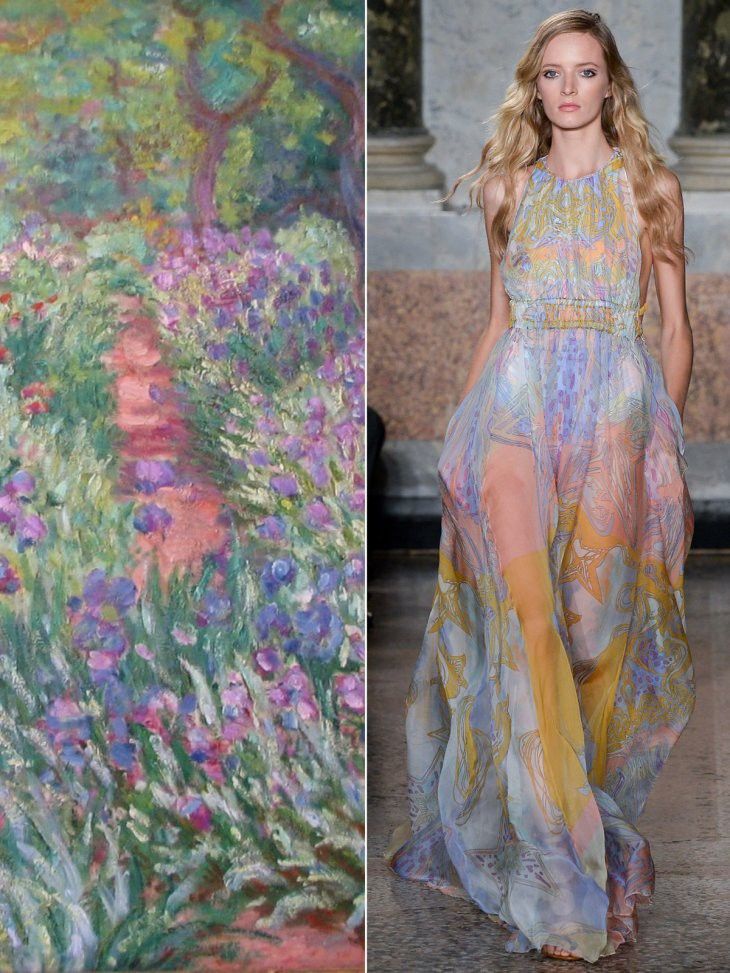 two pictures one with a woman in a dress and the other has flowers on it