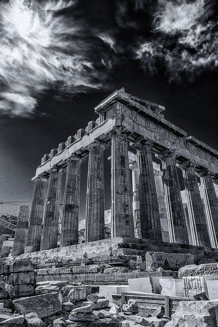 black and white photograph of the parthenon in acrylic rome, italy