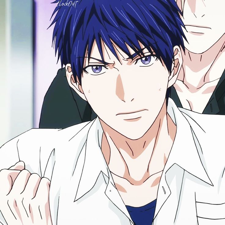 an anime character with black hair and blue eyes is looking at the camera while another man in white shirt stands behind him