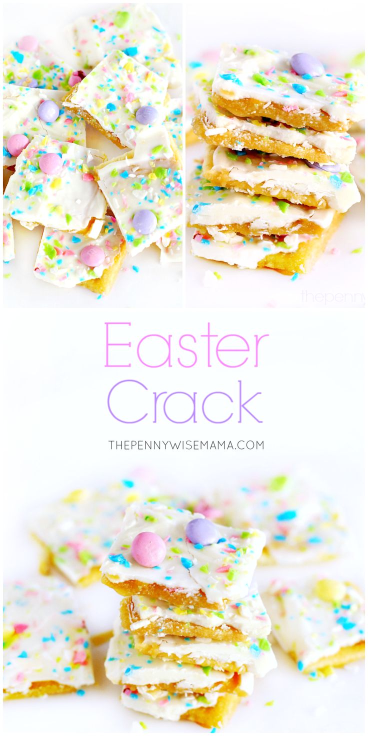 easter cracker cookies with sprinkles and eggs on the top are shown