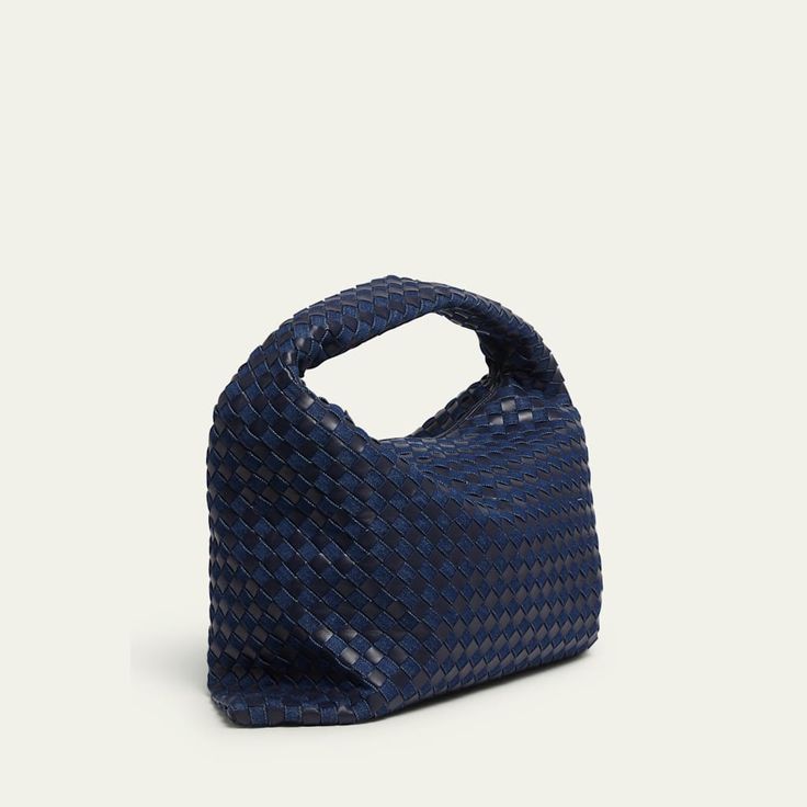 Bottega Veneta "Hop" hobo bag in denim intrecciato cotton and leather  Shoulder strap  Fold-over flap top with  Interior, one zip pocket  Approx. 9.4"H x 21.2"W x 5.1"D Made in Italy Modern Blue Woven Leather Bag, Blue Woven Leather Top Handle Shoulder Bag, Intrecciato Weave Hobo Shoulder Bag For On-the-go, Designer Blue Shoulder Bag With Braided Handles, Blue Top Handle Bag With Intrecciato Weave, Designer Blue Shoulder Bag With Woven Leather, Designer Blue Woven Leather Shoulder Bag, Blue Intrecciato Weave Shoulder Bag, Blue Top Handle Shoulder Bag With Intrecciato Weave