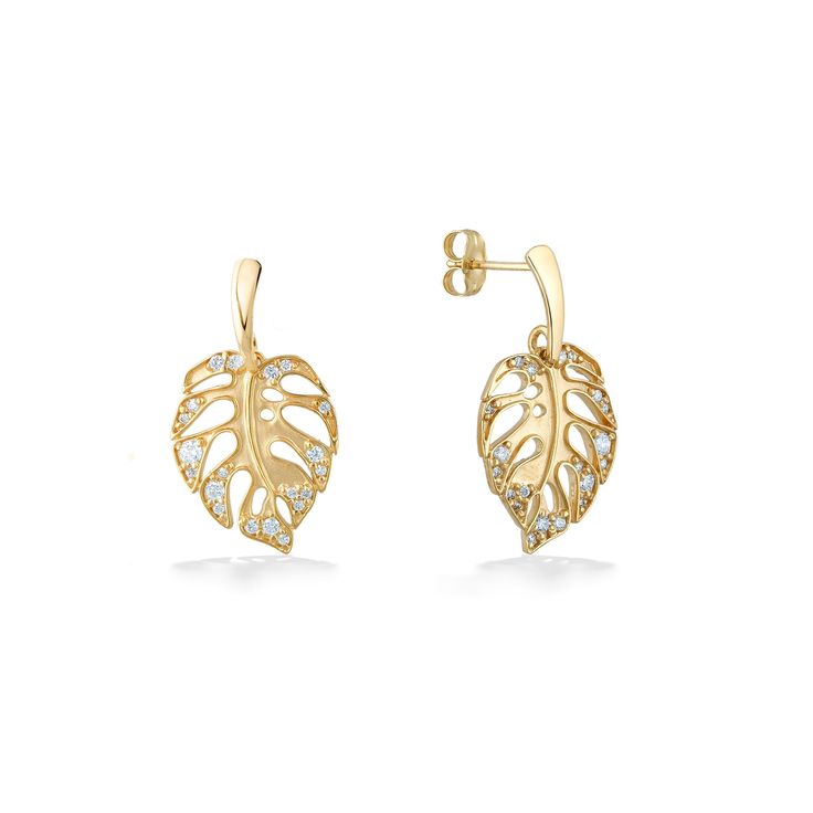 14K Yellow Gold Monstera Dangle Earrings with 0.34 Carats (total weight) of Pavé Diamonds. The earrings measure approximately 1" in total length. 14k Yellow Gold Pierced Diamond Earrings, Yellow Gold Dangle Earrings With Prong Setting, Yellow Gold Drop Earrings For Pierced Ears, Gold Plated Dangle Earrings With Prong Setting, Yellow Gold Sterling Silver Drop Diamond Earrings, 14k Gold Diamond Drop Earrings, Yellow Gold Plated Diamond Drop Earrings, Yellow Gold Drop Earrings With Prong Setting, Gold 14k Diamond Earrings