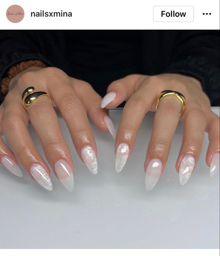 Milky Marble Transparent Marble Nails, Marble Milky Nails, Milky White Nails Marble, Milky White Nails With Marble, Glass Marble Nails, Almond Marble Nails Designs, Classy Marble Nails, Smokey White Nails, Cream Marble Nails