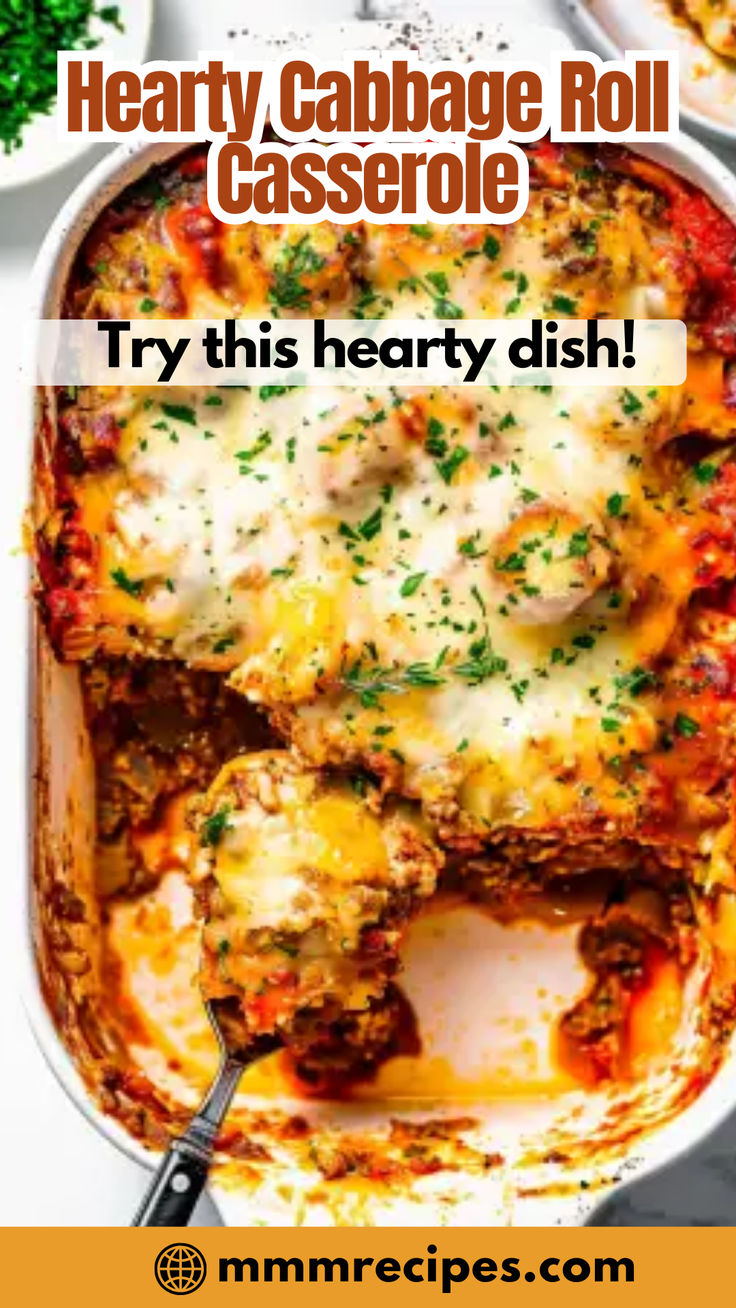 hearty cabbage casserole with text overlay that reads try this hearty dish