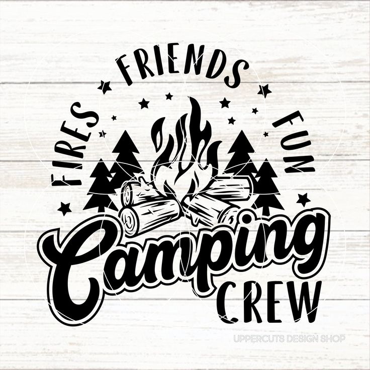 the camping crew logo is shown on a white wooden background with trees and campfires