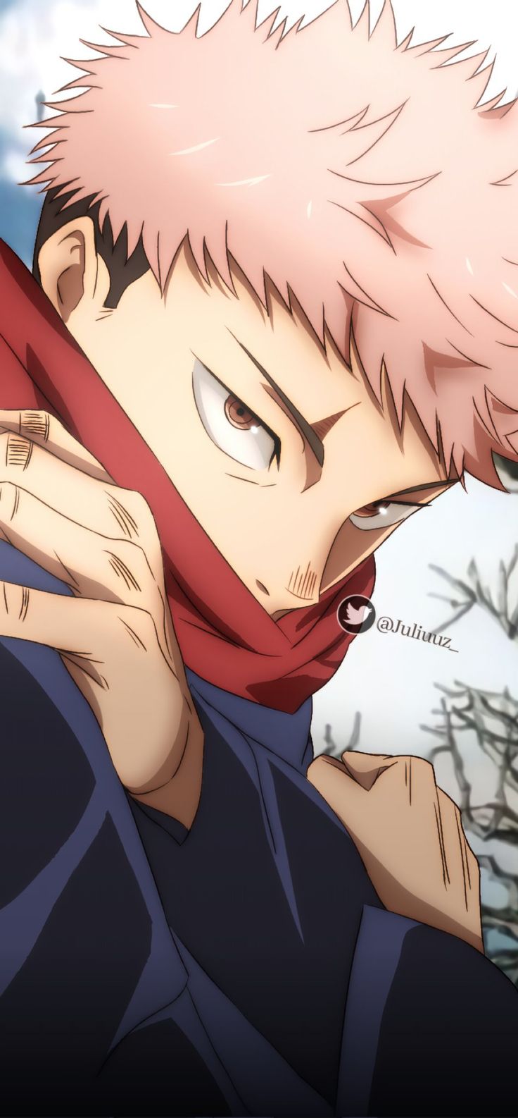 an anime character with pink hair and blue eyes talking on a cell phone while wearing a red scarf