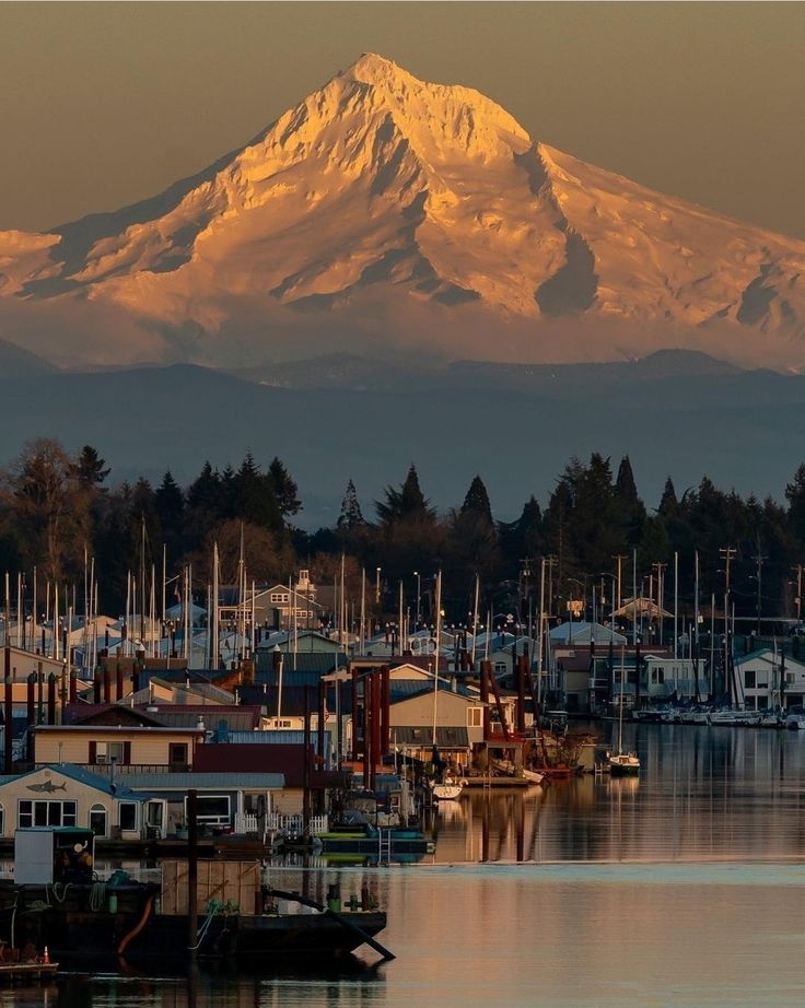 a snow covered mountain is in the distance behind a harbor with boats and houses on it