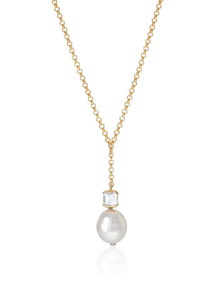 The Bella pearl necklace features a hand set freshwater baroque pearl and step cut white topaz, a staple in V jewellery and a nod to our Art Deco inspiration. The perfect bridal necklace that sits beautifully on an open décolletage or gift for those celebrating your big day and beyond. Set on a 18 carat yellow gold vermeil chain complete with the signature V by Laura Vann logo tag. Please note as this necklace contains a natural baroque pearl, the shape may differ slightly to the one shown in the images provided. Chain size: 16" + 2" extender. Height: Approx. 18mm. Width: Approx 8.5mm. Material: 18ct Gold Vermeil. Stone type and amount: Baroque Pearl & White Topaz. Art Deco Inspiration, Baroque Pearl Necklace, Spring Makeup, Step Cut, Cap Fashion, Body Makeup, Logo Tag, Mom Necklace, Bridal Necklace