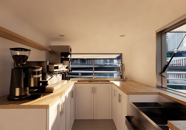 the kitchen is clean and ready to be used as a coffee shop or apartment building